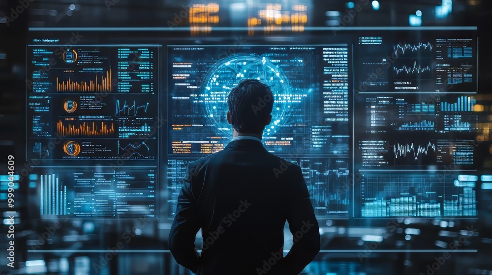Poster businessman or data analyst analyzing business growth statistics on a virtual screen, utilizing a gr