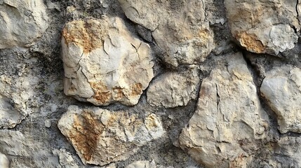 Close up of an old stone wall with different colored rocks.