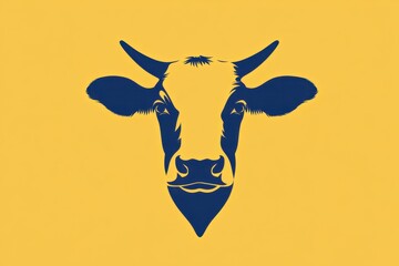 A stylized illustration of a cow's head in dark blue against a bright yellow background. The cow's features are clearly defined, showcasing its ears, eyes, and snout in a minimalist design