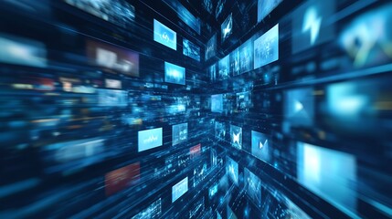 Abstract digital network with streaming data and icons in the background.