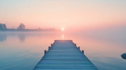 Naklejka premium Minimalistyczny, prostokątny pomost na tle wschodzącego słońca, otoczony delikatną mgiełką unoszącą się nad spokojną taflą jeziora. 