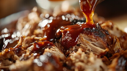 Na talerzu prezentuje się soczyste mięso, kt&oacute;rego kawałki lśnią od aromatycznego sosu.