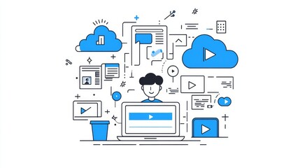 A man uses a laptop with icons showing cloud computing, video streaming, and online content.