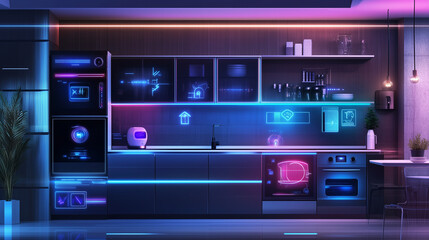 Obraz premium Cybernetyczna wizja domu z automatyzacją, gdzie inteligentne urządzenia tworzą połączoną siatkę, przedstawione w stylu holograficznym.