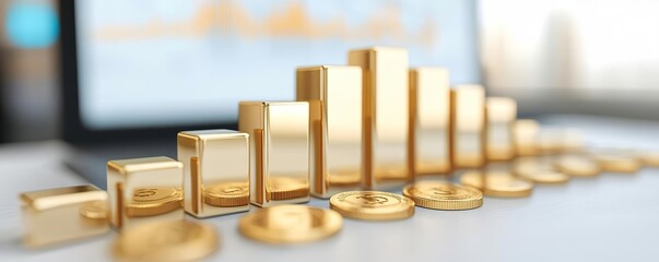 3D golden bar chart illustrating financial growth and investment performance in a fluctuating economy, data-driven analysis
