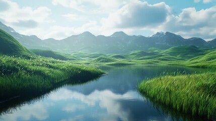 Fototapeta premium Serene Mountain Lake with Lush Grass and Reflecting Clouds
