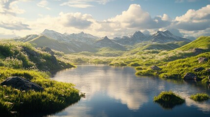 Fototapeta premium Serene River Winding Through a Green Valley With Snowy Mountain Peaks in the Distance