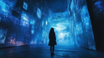 Silhouette of a Woman Standing in a Digital Art Installation