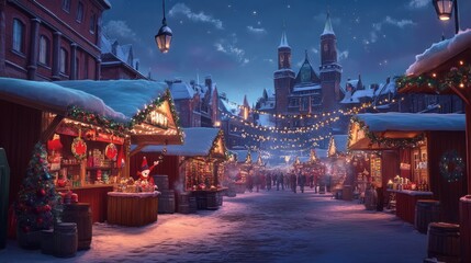 Fototapeta premium A snowy European Christmas market street lined with wooden stalls and decorated with festive lights and greenery at night