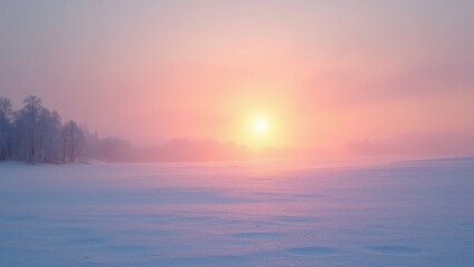 Fototapeta premium Generative AI, a snowy landscape with trees and a sunset in the background with a pink sky and a sun setting over a mountain, sunrise, a matte painting, dau-al-set