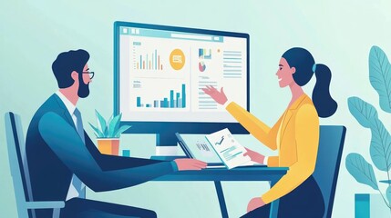 A woman in a yellow blazer points to a computer screen with data visualizations, presenting information to a male colleague sitting at a desk.