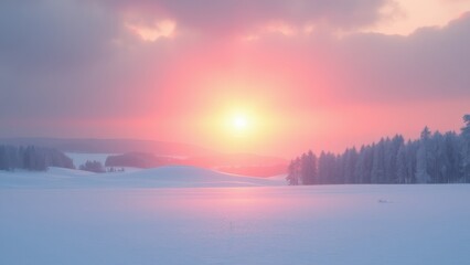 Fototapeta premium Generative AI, a snowy landscape with trees and a sunset in the background with a pink sky and a sun setting over a mountain, sunrise, a matte painting, dau-al-set