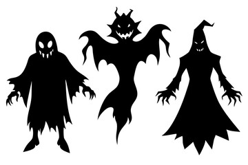 Fototapeta premium Halloween evil spirit silhouette. Scary nightmare ghost characters, spooky phantom demons mascots set. Torn Clothes ghost silhouettes