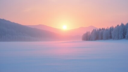 Fototapeta premium Generative AI, a snowy landscape with trees and a sunset in the background with a pink sky and a sun setting over a mountain, sunrise, a matte painting, dau-al-set