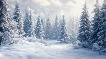 Snow-Covered Fir Trees and Mountains in a Winter Wonderland