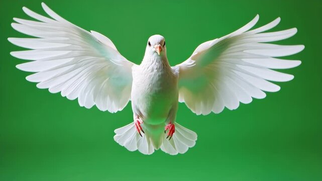 White dove is flying with its wings spread against a green screen background, creating a powerful image of peace and freedom