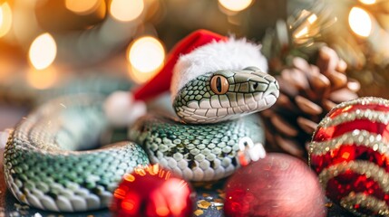 Obraz premium green wooden snake designed semirealistic style resting sparkling Christmas ornaments holiday decorations snake wears Santa ornaments reflect lights creating warm festive atmosphere