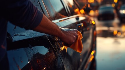 Hand of a person wiping a wet car. washing a car manually with a rag. Concept of car washing or detailing. Car detailing