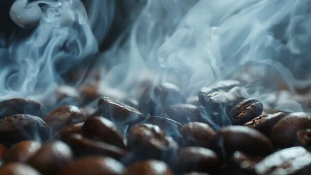 Smoking or roasted coffee beans close up with smoke on a dark background with space for text or inscriptions
