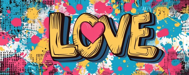 Abstract pop art background with text "LOVE" inside. Retro style, Bold patterns, Color explosion vector