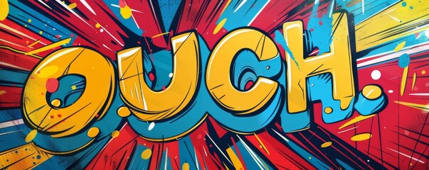 Energetic pop art background featuring "OUCH." Comic book style, Dynamic visuals, Bright vector