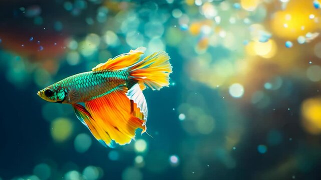 Colorful turquoise orange aquarium fish Siamese fighting fish close up swimming underwater in aquarium
