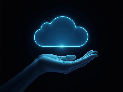 hand holding glowing cloud hologram on black background