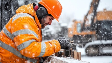 Woodworker winter. Worker in orange jacket, helmet operates woodworking machinery outdoor in the snow. Sawmill, woodworking industry, handyman service. Business, industrial poster, banner, wallpaper