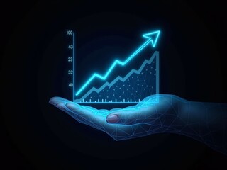 hand holding hologram graphic chart on black background
