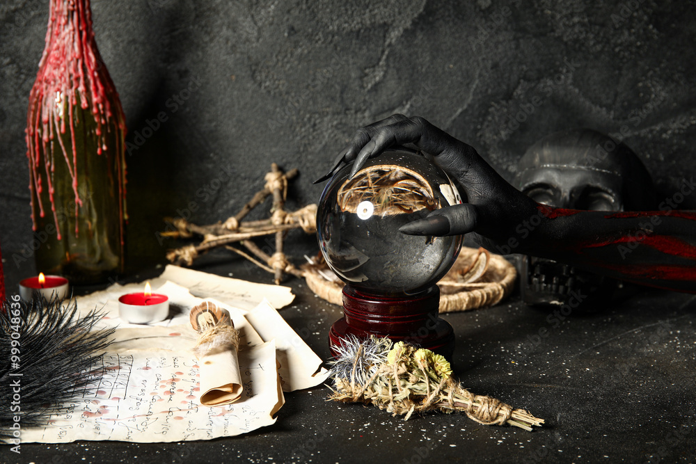 Wall mural bloody witch hand with crystal ball and magic attributes on grunge black background. halloween celeb