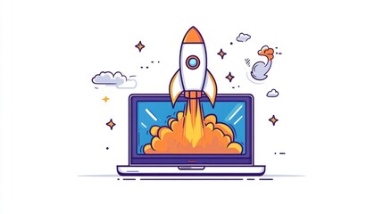 A cartoon rocket launching from a laptop screen, with flames and stars in the background.