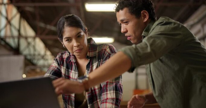 Wood, warehouse or business people on laptop for building plan, design or carpentry research at factory. Industry, manufacturing or woman consulting expert artisan for help, advice or project support