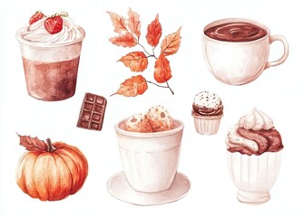 Autumn-themed watercolor artwork featuring cozy beverages, treats, and seasonal leaves in warm earthy tones