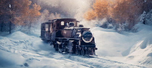 Generated AI Image of a rustic Locomotive traveling on a covered railroad 