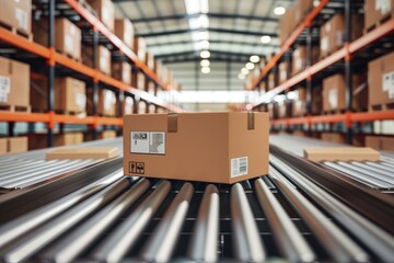 conveyor belt in a distribution warehouse with row of cardboard box packages for e-commerce delivery and automated logistics concepts as wide banner with copysapce area - Generative AI