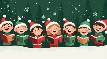 A group of children singing carols in a winter forest