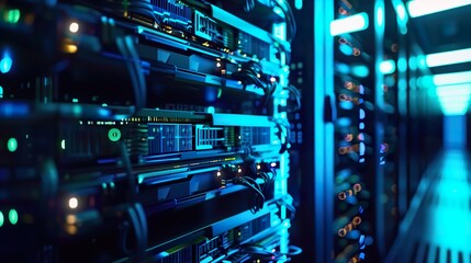 Close-up of modern data center server racks with glowing blue lights and high-tech hardware components