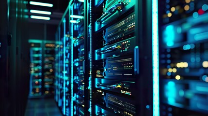 Row of data center server racks with glowing blue lights and advanced hardware in a modern facility