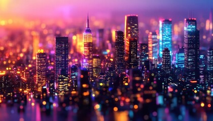 Fototapeta premium Cityscape at night with illuminated skyscrapers, urban setting, wide shot, sharp focus, vibrant colors, high detail