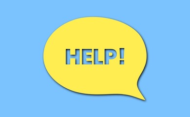 Help text with speech bubble on blue background. Asking for help,support. Help announcement. 