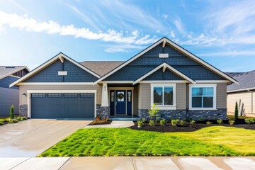 front view of a new, modern, beautiful home in Oregon, with a beige and gray color scheme and dark grey accents, a blue front door, garage, green grass, and a clear sky.