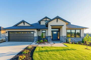 front view of a new, modern, beautiful home in Oregon, with a beige and gray color scheme and dark grey accents, a blue front door, garage, green grass, and a clear sky.