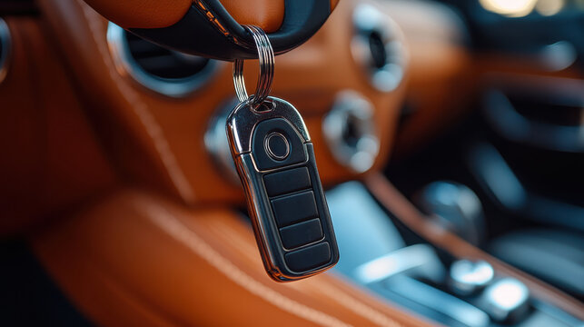 Luxury car key fob hanging in premium vehicle’s interior with leather seats and modern design. Focus on the key highlights automotive sophistication and comfort in high-end driving experience.