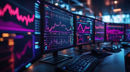 Obraz premium Cryptocurrency trading platform with digital coins and charts on multiple screens, tech-savvy style, sharp focus, vibrant colors