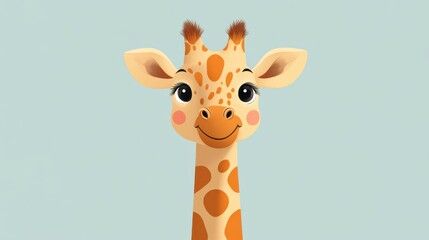 Cute cartoon giraffe smiling with a happy expression, minimal background, perfect for kids’ books, educational material, and playful animal designs, symbolizing fun and innocence