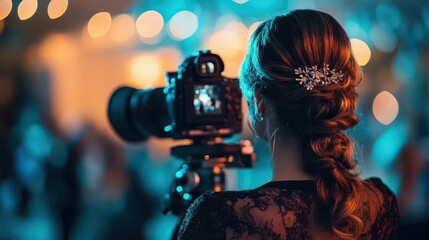 Event photography with a photographer capturing moments at a wedding or corporate event, elegant atmosphere, sharp focus