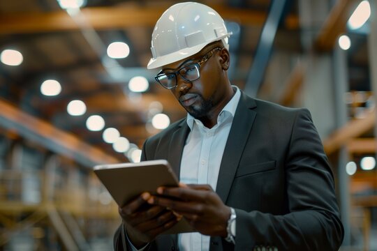 African American professional in safety gear analyzing data on tablet