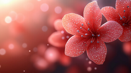 Fototapeta premium Beautiful red flower covered in dewdrops with soft bokeh light background, creating a romantic and delicate nature scene perfect for floral themes and designs