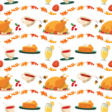 Traditional Happy Thanksgiving festive dishes pattern. Roast turkey, cranberry sauce, pumpkin pie cartoon design decorative element. Harvest Feast celebration background illustration