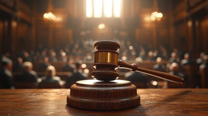 Close-up of a wooden gavel in a courtroom, representing justice, law, and legal proceedings, formal environment, courtroom decor, authority, decision-making, trials, and legal justice system